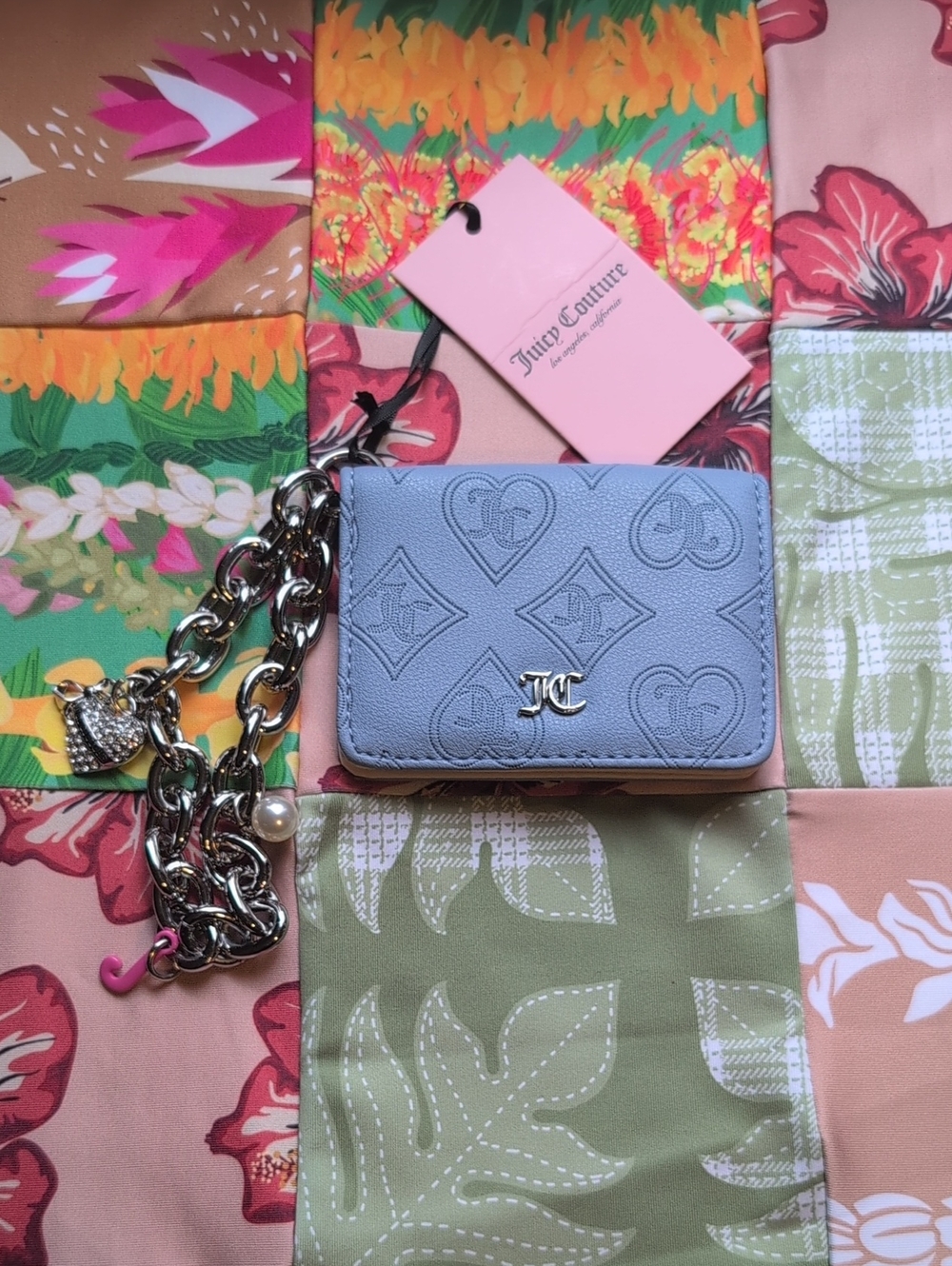 Juicy Couture Light Blue Embossed Wallet with Silver Charm Chain